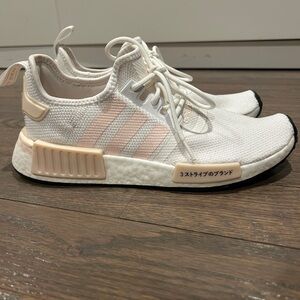 Adidas NMD_R1 sneakers. White and Light Pink Athletic Shoes